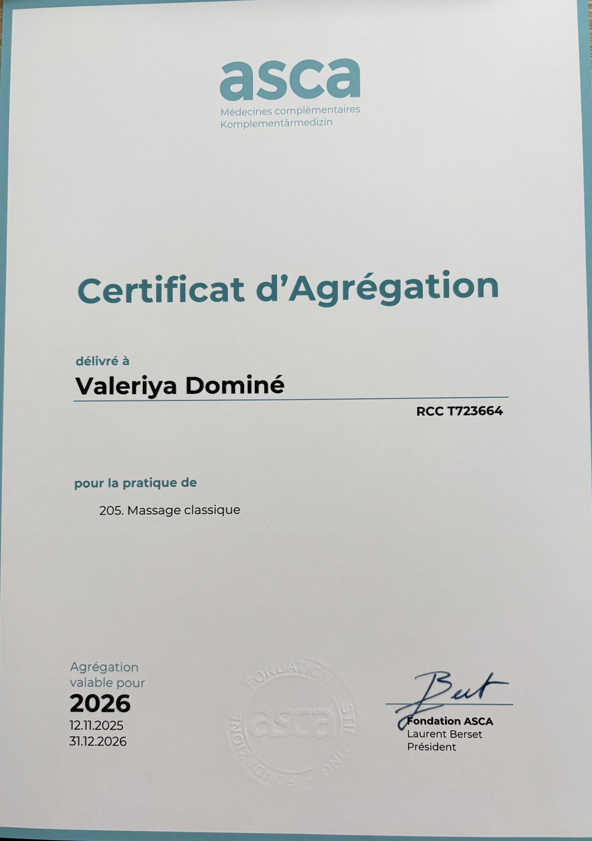 Diplôme de Massage classique de Valeriya Dominé - cabinet à Corcelles NE