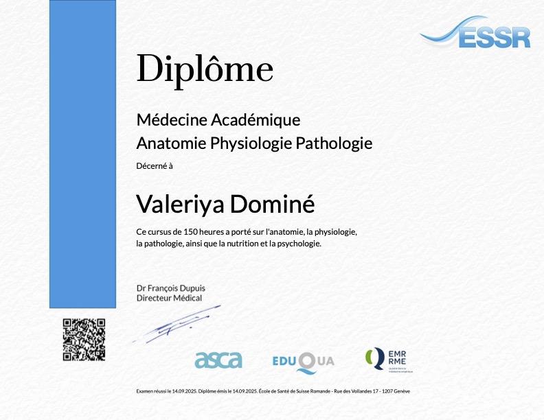 Diplôme de Massage classique de Valeriya Dominé - cabinet à Corcelles NE
